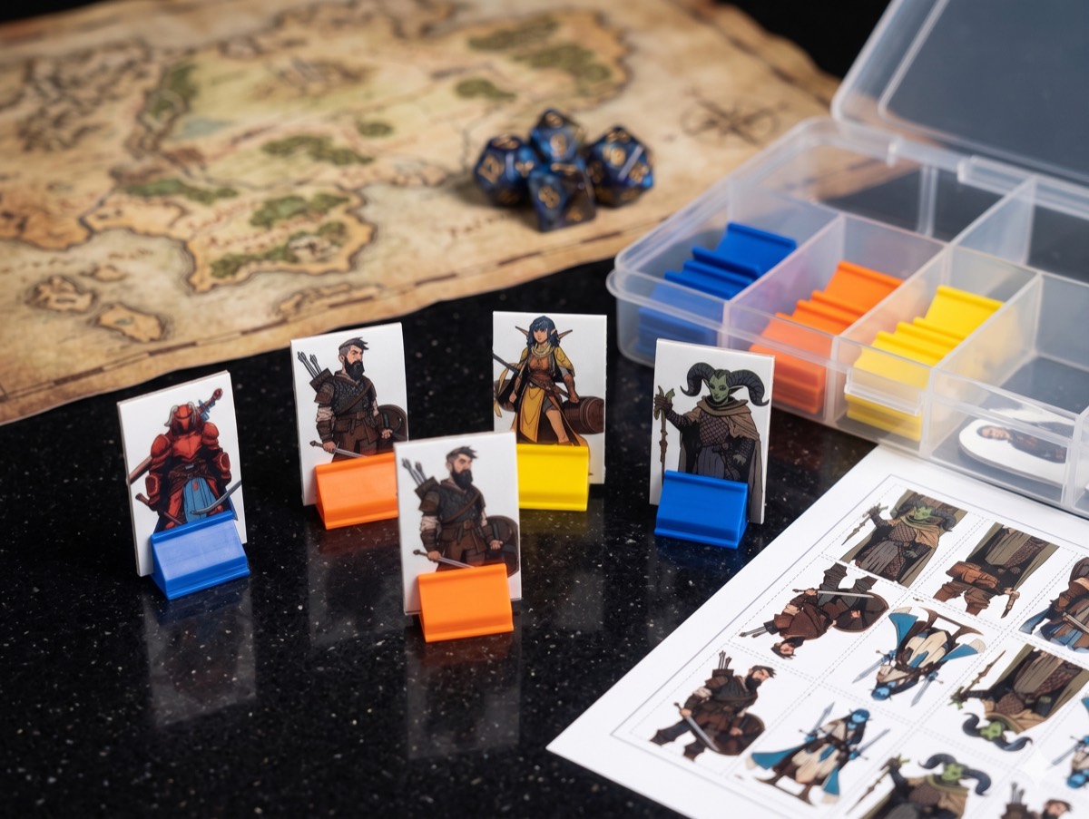 Printed paper standees in coloured clips on a battle map with dice, a clip storage box and a printed pawn sheet — fantasy RPG characters made with the pawn maker.